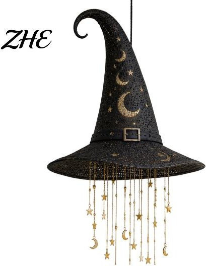 Hängender Hexenhut mit LED-Licht von zhenmiaoxiang in Schwarz mit Sternen und Mond zur Halloween-Dekoration für Innen und Außen - Bild 1