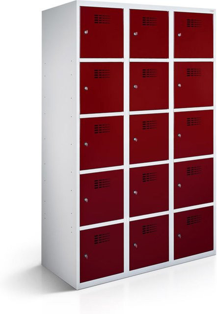 rotstahl Fächerschrank mit 15 Fächern in Bordeaux und lichtgrauem Korpus, B/T/H: 90 x 50 x 180 cm - Bild 1