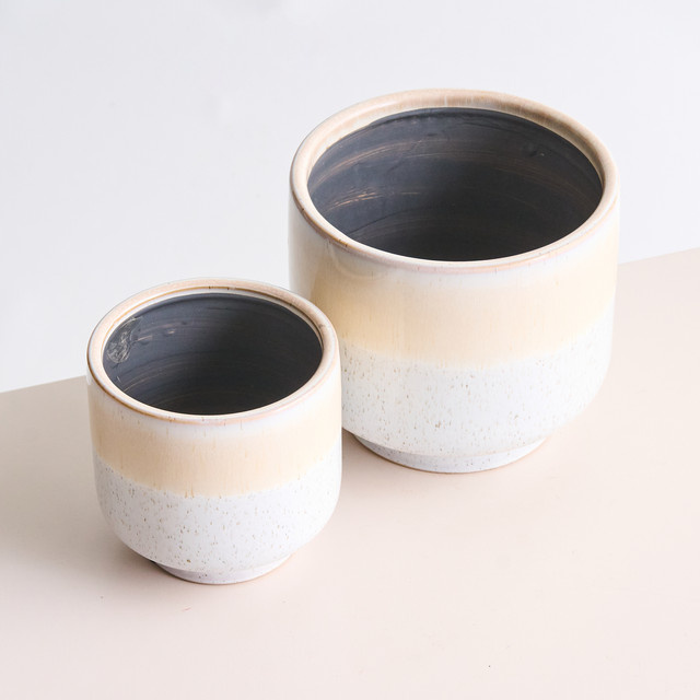BLUME2000 2er-Set Steingut Übertopfe Reaktiv in Beige, Weiß und Multicolour für den Tisch, Höhe: 15,0 cm, Durchmesser: 14,5 cm - Bild 1
