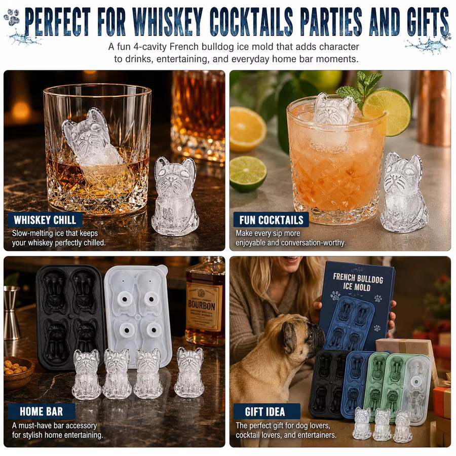 PGY Eiswürfelform in Form von französischen Bulldoggen aus Silikon mit Trichter, 4-Loch-Eiswürfelform für Whiskey und Cocktails, Blau - Bild 6