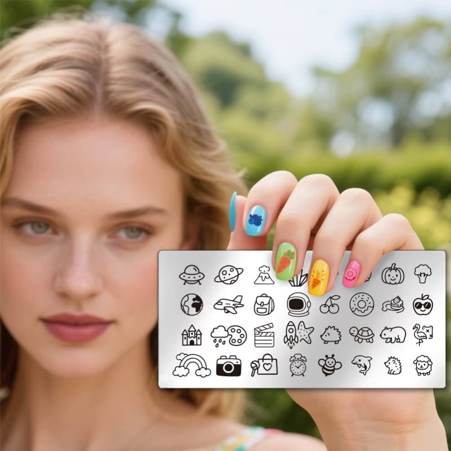 Nagelstempelplatten-Set mit Siegelstempel und Schaber in Multicolor aus Metall mit Cartoon-Motiven wie Garten, Blumen und Hunden - Bild 2