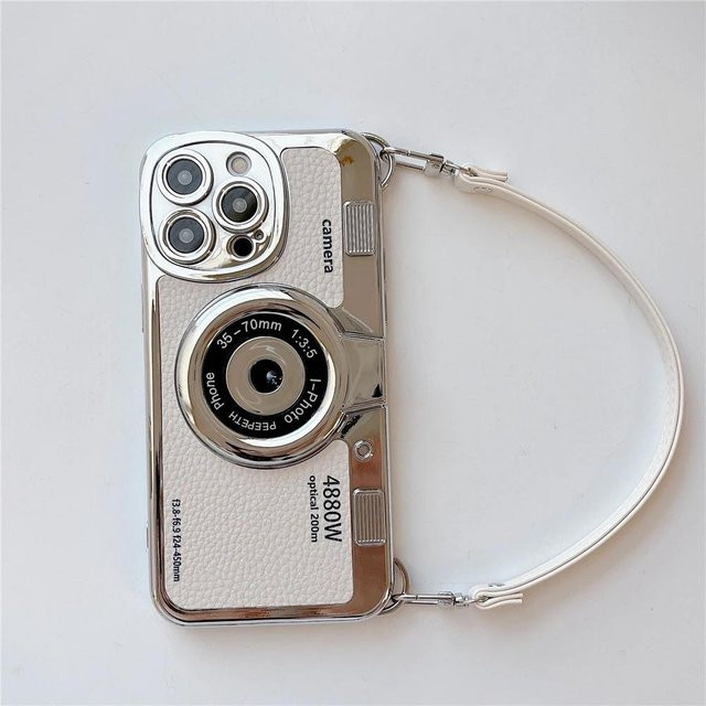 Rui Di Luxus Retro Stereo Kamera Handyhülle mit Lanyard für iPhone 16 15 14 13 12 11 Pro Max in Weiß mit Leder Muster - Bild 1