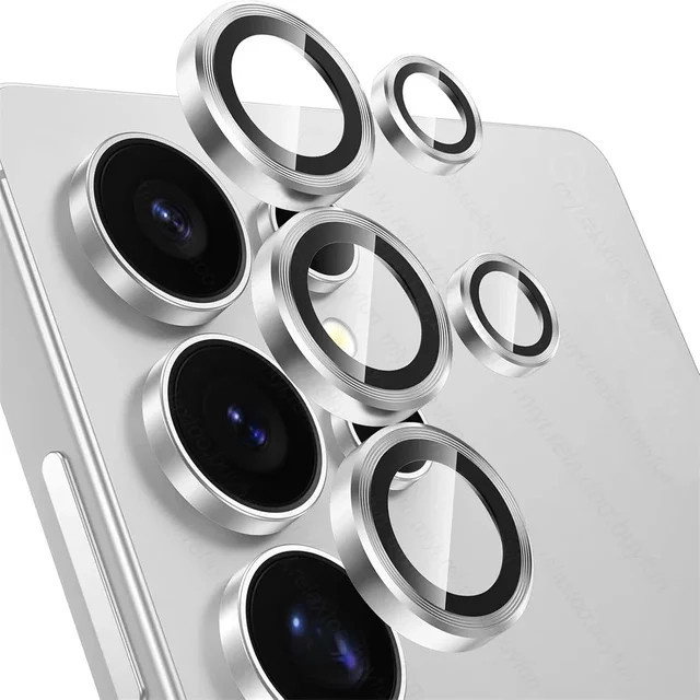 Bunter transparenter Metall-Objektivring für Samsung Galaxy S25 EDGE, S25 Ultra, S24 und S23 FE mit 9D Kamera-Schutzfolie aus galvanisiertem AR+AF-Glas in Silber - Bild 1