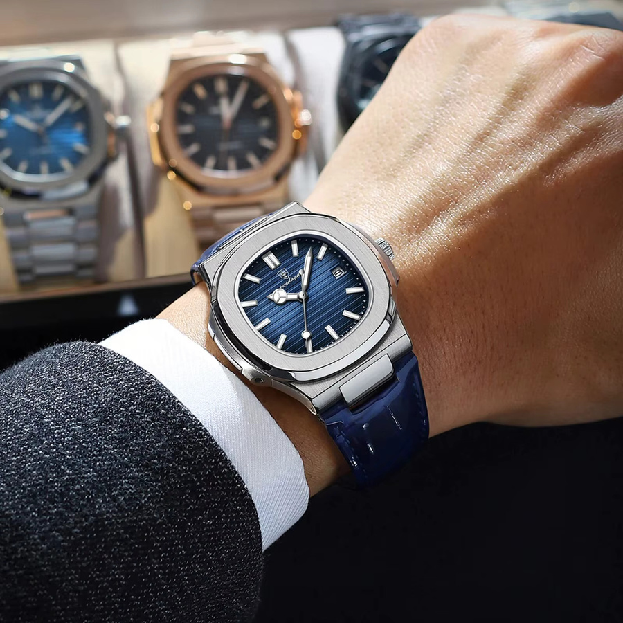 POEDAGAR Armbanduhr, Quarz, Leder, Blau, Herren - Bild 6