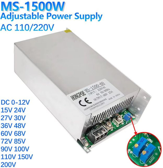 HONGPOE Einstellbares Netzteil 1500W AC zu DC SMPS in Silber, 0-200V Spannungsbereich - Bild 1