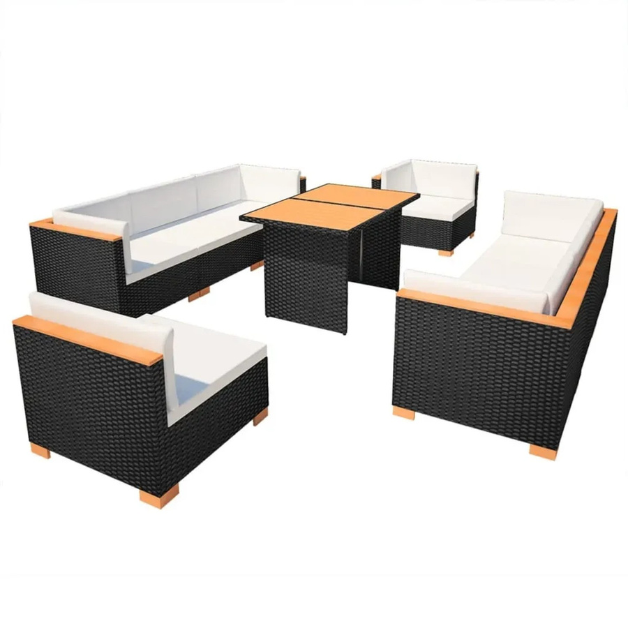 vidaXL 10-tlg. Garten-Lounge-Set aus Poly Rattan in Schwarz mit Auflagen und Polsterkissen für Terrasse und Garten - Bild 2
