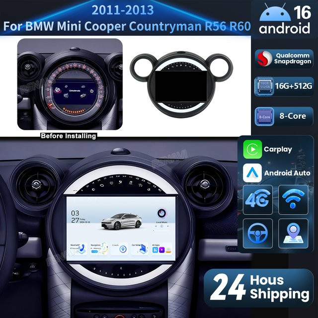 AIXNAVIS Android 16 Autoradio mit Carplay und Qualcomm Multimedia-Player für BMW Mini Cooper Countryman R56 R60 2011-2013 Stereo Navigation in Schwarz - Bild 1