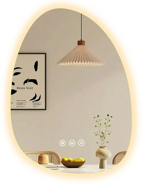 Emke LED Badspiegel asymmetrisch mit Anti-Beschlag-Funktion und 3 dimmbaren Lichtfarben, Breite: 75 cm, Höhe: 55 cm - Bild 1