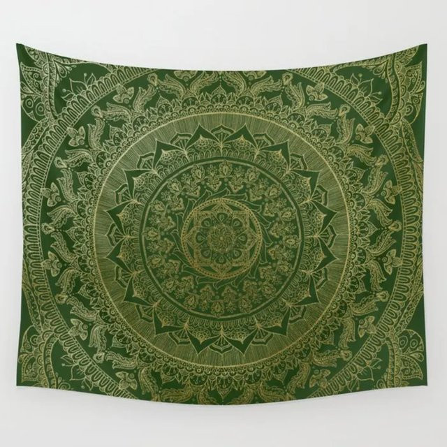 VIKAMA Wandteppich im Bohemian-Stil mit Mandala-Motiv in Grün und Gold - Bild 1