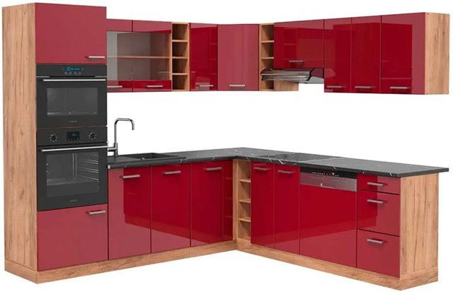 Vicco R-Line Eckküche Bordeaux Hochglanz und Goldkraft Eiche in Anthrazit, B/T/H: 237 x 247 cm - Bild 1