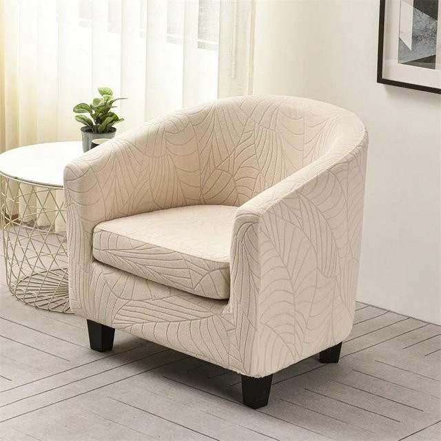 2er Set elastische Stuhlbezüge von Bestbags in Beige mit Blätter-Jacquard-Muster für Sessel und Wohnzimmer - Bild 1