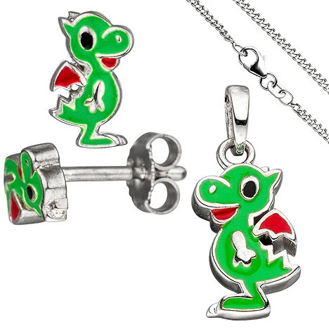 Colfem Schmuck-Set Kleiner Drache, 925 Silber, grün lackiert, mit Kette 42 cm, Kinder - Bild 1