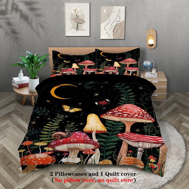 Dreiteiliges Bettwäsche-Set mit Sternenhimmel und Pilz-Motiv in Schwarz, bestehend aus 1 Bettbezug und 2 Kissenbezügen, B/H: 135 x 200 cm - Bild 1