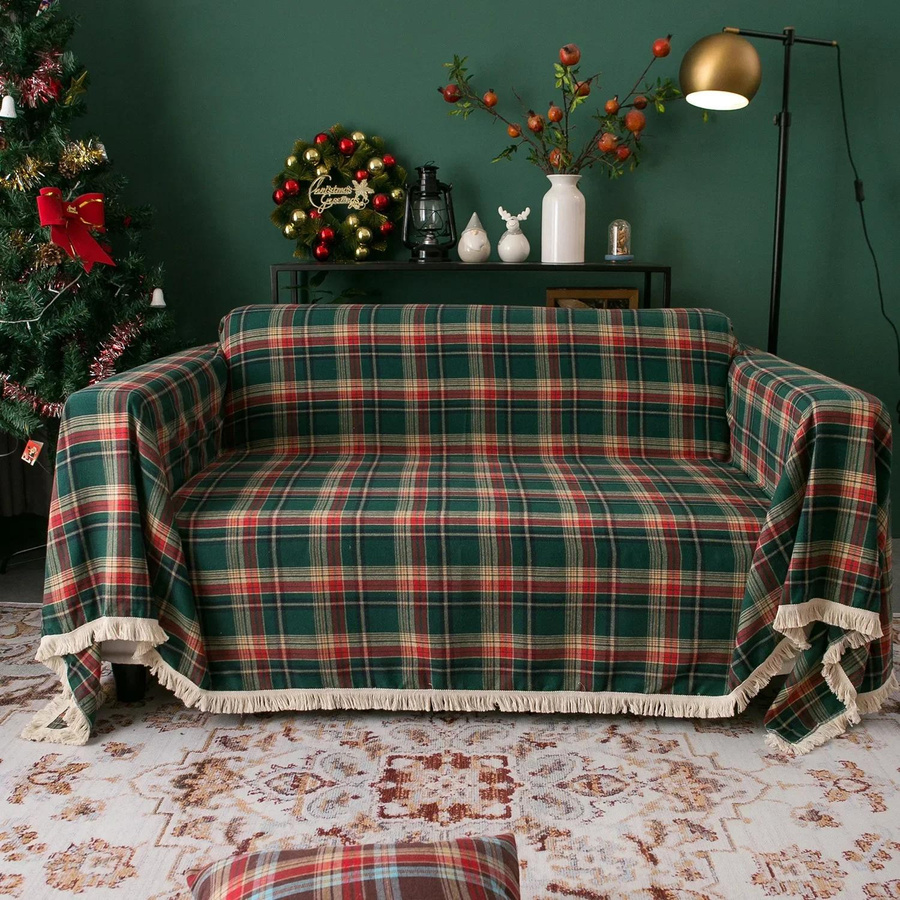 Yiran Furniture Sofa-Abdeckung im Weihnachts-Design, kariert in Rot und Grün, B/T: 180 x 180 cm - Bild 1