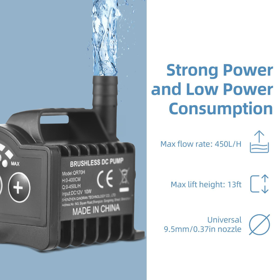 KaiSai Tauchpumpe 12V mit 8 einstellbaren Stufen, 700L/h Förderleistung, kleine Springbrunnenpumpe mit Keramikgehäuse und DC-Buchse, Modell QR75H - Bild 4