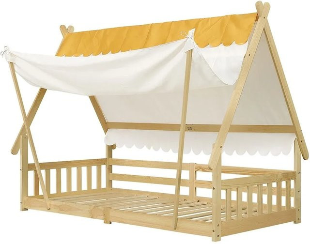 KOMHTOM Kinderbett aus Kiefernholz im Holzhausdesign mit Schutzgitter, Natur - Bild 1