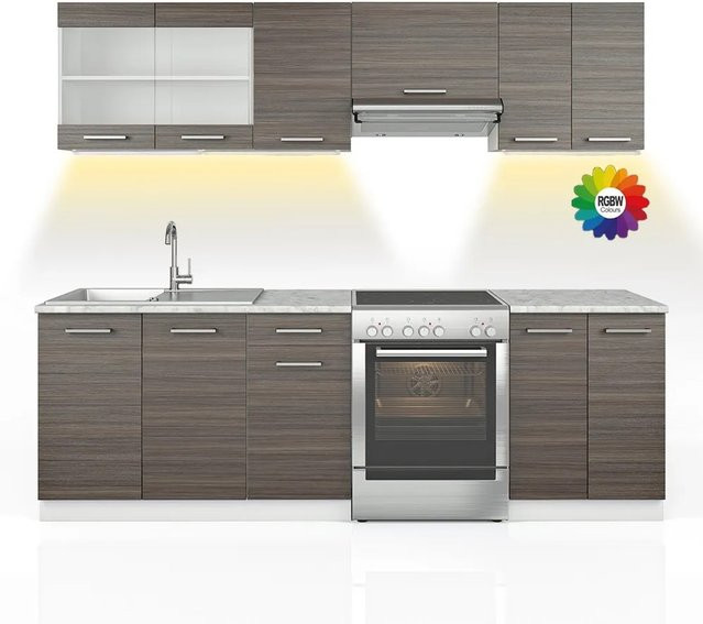 Vicco Raul Küchenzeile in Edelgrau mit Marmor-Optik und LED-Leisten, Breite: 240 cm - Bild 1