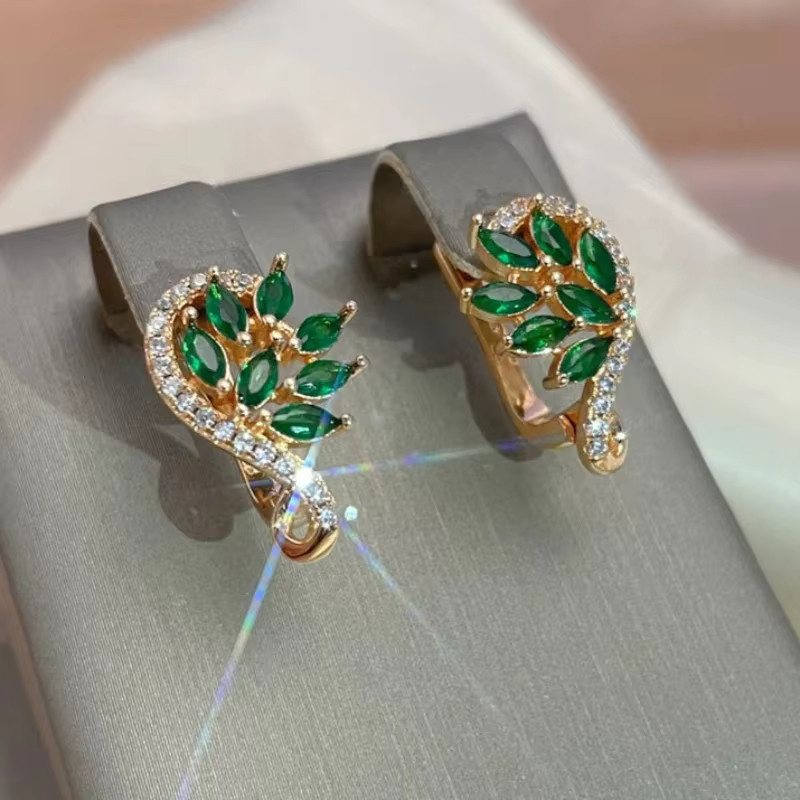 Huitan Creolen, Blatt-Design, Marquise, grün, Zirkonia, Damen - Bild 2