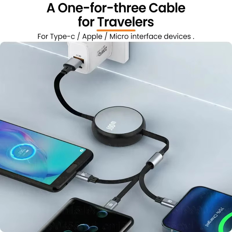 OIITH 3-in-1 Schnelllade-USB-Kabel, einziehbares und tragbares Datenkabel für Micro-USB und USB-C, Schwarz und Blau - Bild 3