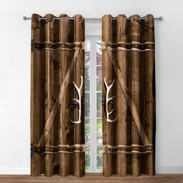 Yiran Furniture Bauernhof Vorhang mit Scheunentür-Motiv in Braun, semi-transparent, Breite: 100 cm, Höhe: 130 cm - Bild 1