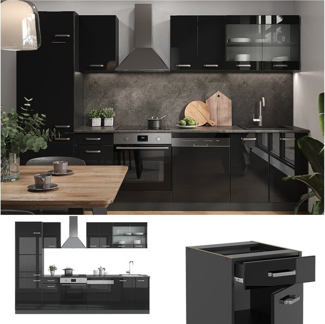 Vicco Küchenzeile R-Line Solid in Anthrazit und Schwarz, moderne Küchenschränke mit Hochglanz-Finish, Breite: 300 cm - Bild 1