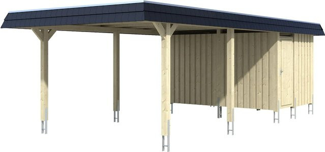 Skan Holz Carport Wendland mit Anbau in Nussbaum mit schwarzer Alu-Dach Blende, B/T: 409 x 870 cm - Bild 1