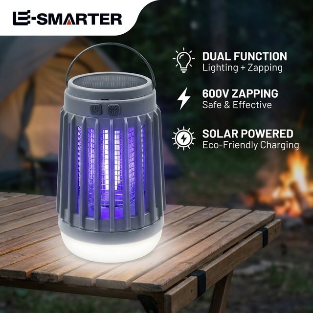 ESMARTER Solarbetriebene elektrische Mückenlampe in Grau, tragbare Fliegenfalle und wiederaufladbarer Insektenvertreiber für Outdoor und Camping mit Nachtlichtfunktion - Bild 1