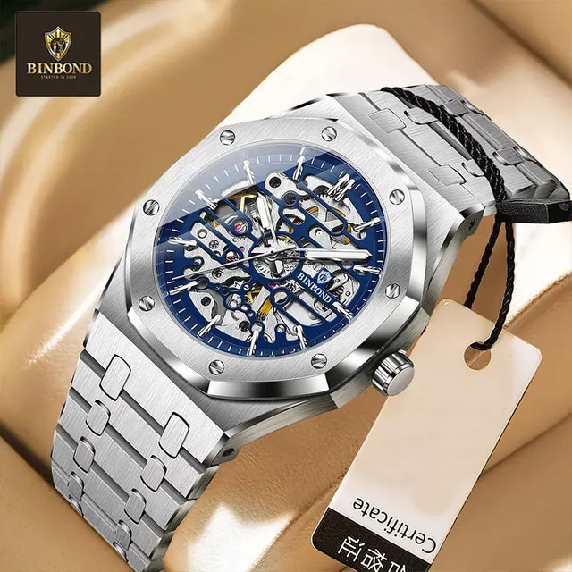 BINBOND Armbanduhr Edelstahl, Automatik, Skeleton, Schwarz, Herren - Bild 1