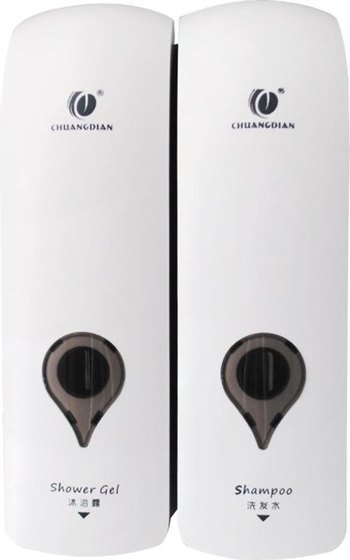 CHUANGDIAN Wandmontierter manueller Doppelkopf-Seifenspender für Duschgel und Shampoo, Weiß, 2 x 300 ml - Bild 6