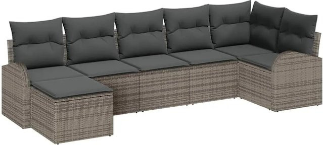vidaXL Garten-Sofa-Set aus Polyrattan in Grau, 7-teiliges L-Shape Lounge-Set mit Kissen und Ottoman für Garten, Balkon und Terrasse - Bild 1