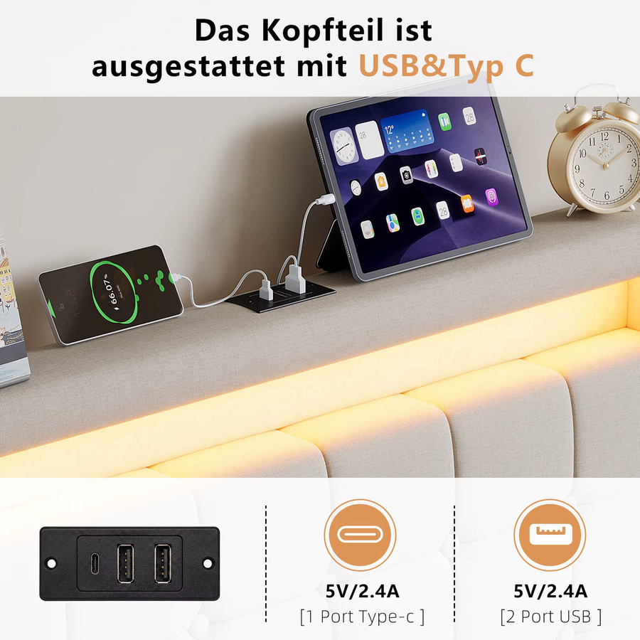 Modernes Polsterbett mit Bettkasten und 2 Schubladen in Beige/Grau, B/T/H: 90 x 200 cm, mit LED-Beleuchtung, USB-Anschluss und Holzlattenrost - Bild 5