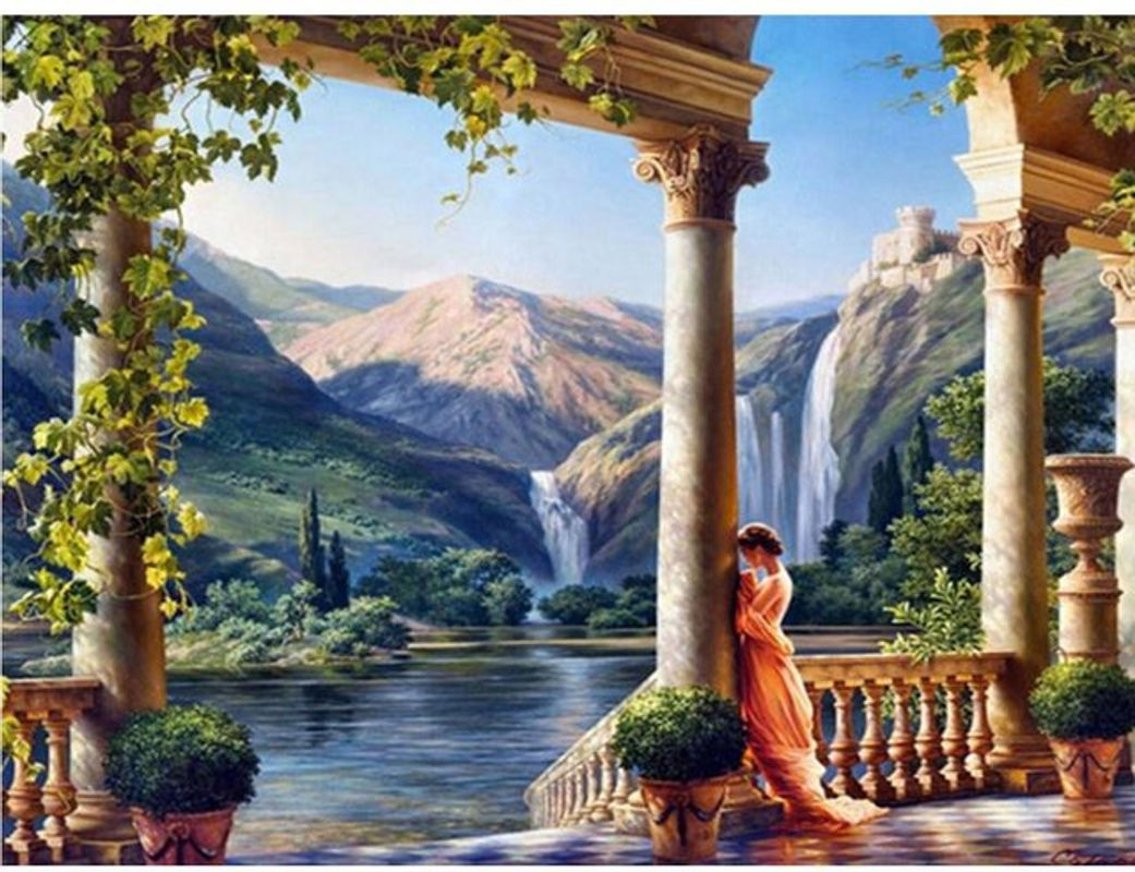 FIYO Diamond Painting Set Rom Schloss Prinzessin mit Wasserfall und Bergen, Mehrfarbig, B: 30 cm x H: 20 cm - Bild 1