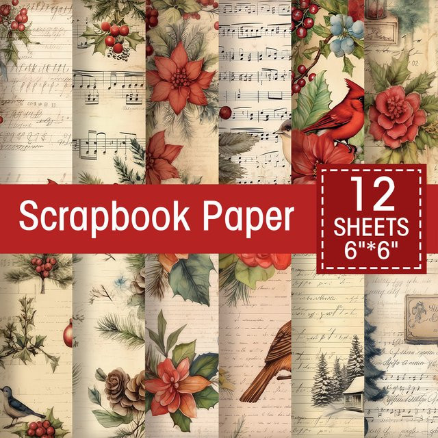 12er Set Weihnachtliche Scrapbook Papier mit Santa und Sternen Motiv, Vintage Hintergrundpapier für Junk Journal und Bastelarbeiten, Mehrfarbig - Bild 1