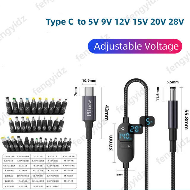 Fengyidz USB-C zu DC Stromverstärker-Kabel mit 34-teiligem DC-Stecker-Set, einstellbare Spannung 5V bis 20V, Schwarz - Bild 1