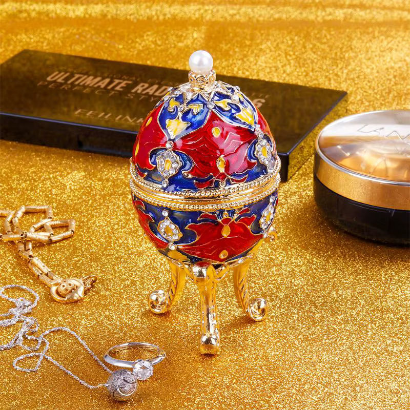 JAVRICK Faberge-Ei Serie Schmuckbox mit grünem Blättermuster, handbemalt, Metall, oval, mehrfarbig - Bild 2