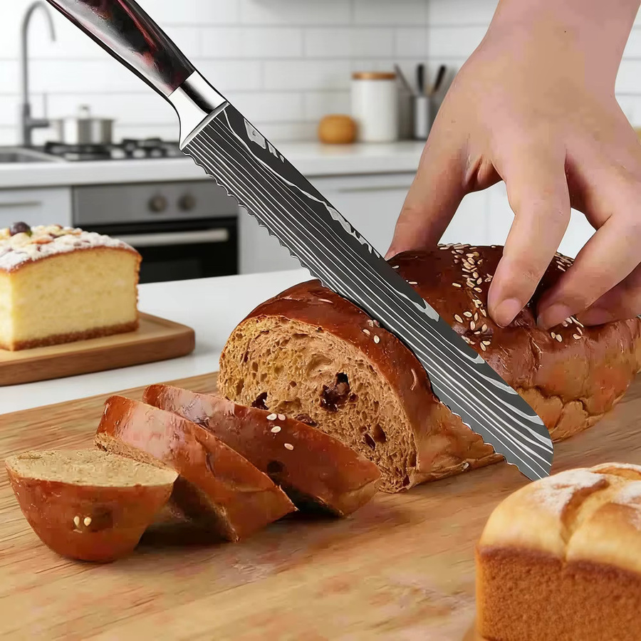 ZENG Brotmesser aus Edelstahl mit 25,4 cm Klingenlänge, gezahntes Messer mit Lasermuster und braunem Holzgriff - Bild 4