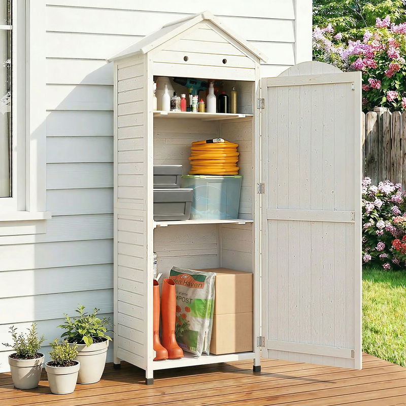 Outsunny Gartenschrank aus Tannenholz in Weiß mit verstellbaren Ablagen und magnetischen Türen, Geräteschuppen für Garten und Terrasse, B/T/H: 85 x 58 x 213 cm - Bild 2