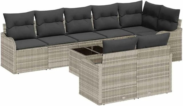 vidaXL Garten-Sofa-Set aus Polyrattan in Hellgrau, 9-teiliges Lounge-Set mit Kissen und Couchtisch für Garten und Terrasse - Bild 1
