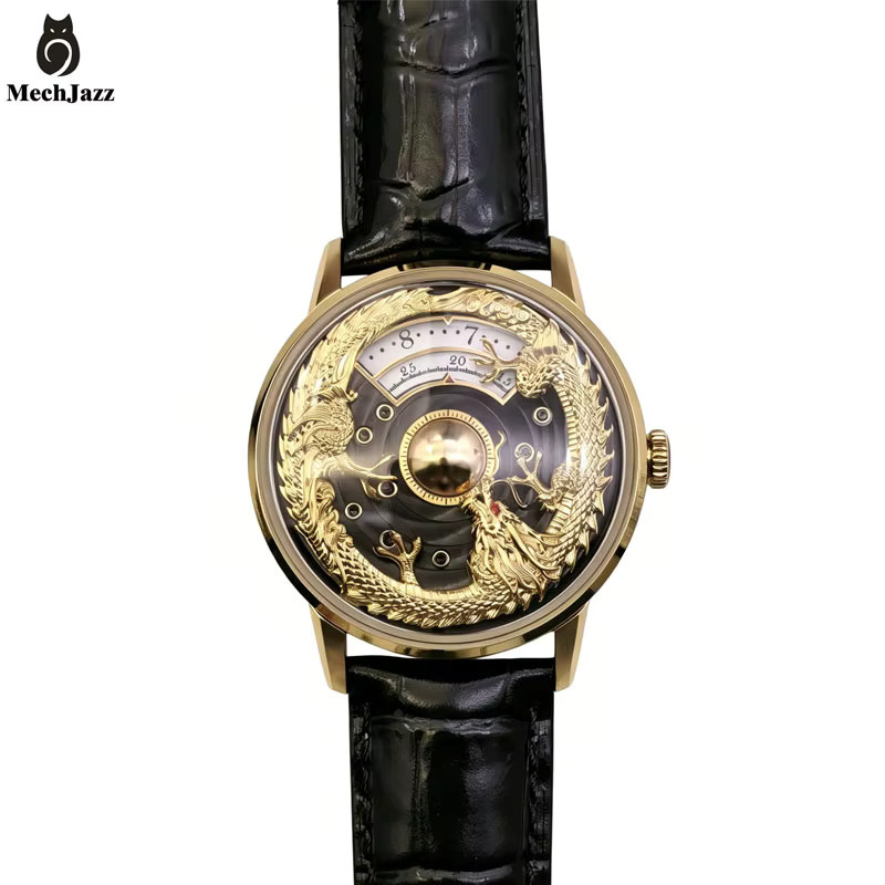 MechJazz Herrenuhr, Automatik, Lederarmband, Saphirglas, Gold - Bild 4