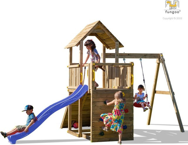 Fungoo Spielturm Carol 3 Klettergerüst mit Rutsche, Schaukel, Kletterwand und Holzdach in Natur - Bild 1