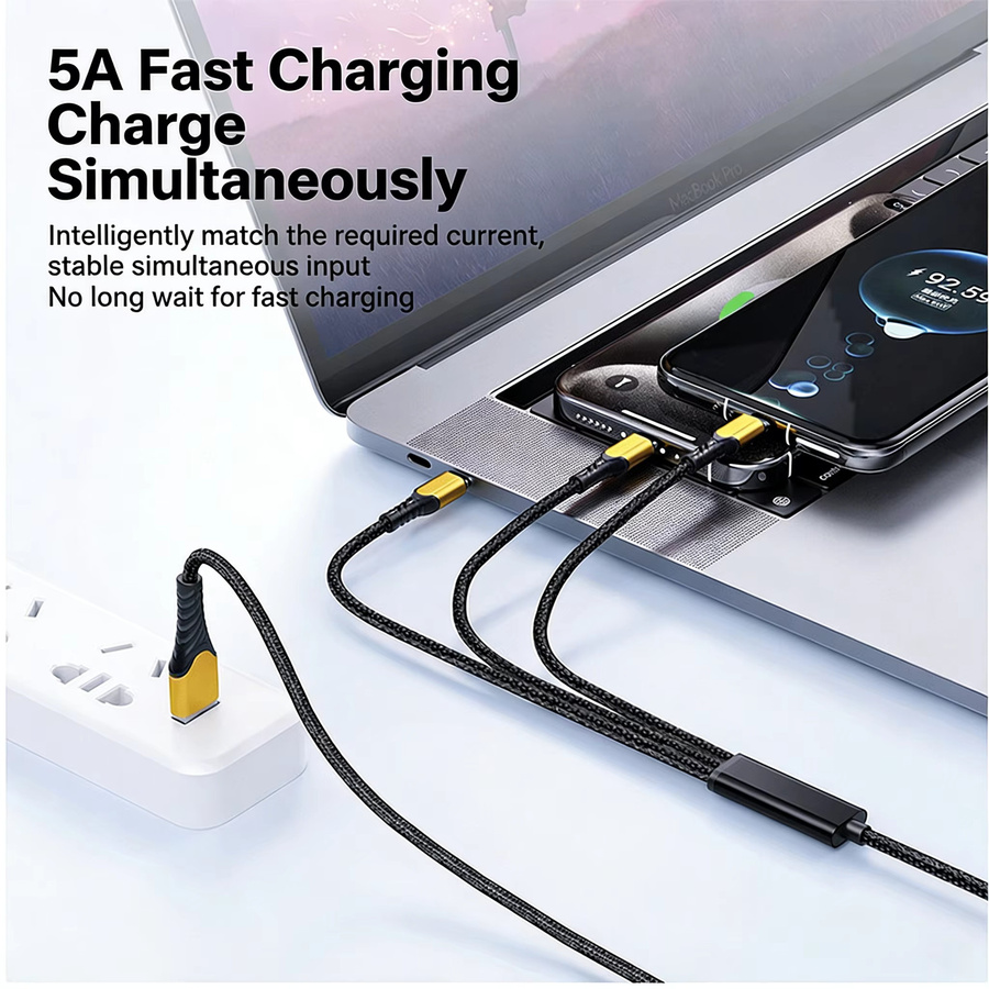 VBVC 3-in-1 USB-C Schnellladekabel mit 100W Leistung, 3x USB-C Anschlüsse, Schwarz - Bild 2