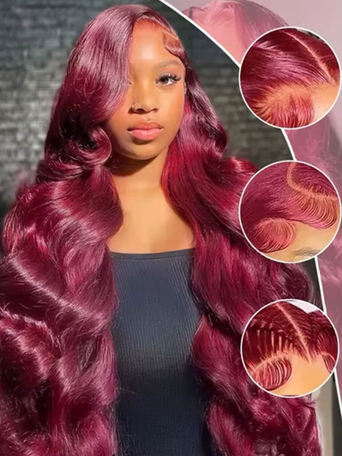 Echthaar-Perücke, 34 Zoll, Burgunderrot, 250% Dichte, Body Wave, HD Lace Frontal - Bild 3