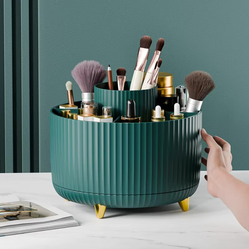 RUNTOIN Rotierender Make-up-Organizer mit 5 Fächern und Pinselhalter, Kosmetikvitrine und Schmuckbehälter aus Kunststoff in Pink oder Green - Bild 6