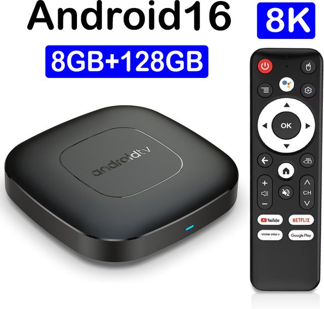 Smart TV Box T1 H313 Media Streamer mit Android 16, 8K Auflösung, WLAN 5G, Google Assistant Sprachfernbedienung, Schwarz - Bild 1