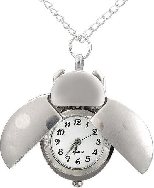 Halskette Taschenuhr-Marienkäfer-Anhänger, Edelstahl, Silber, Quarz, Damen - Bild 1