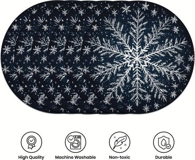 VIKAMA 6-teiliges Set Weihnachts-Tischsets aus Leinen mit Schneeflocken-Design, Blau, Rund, Durchmesser: 38 cm - Bild 1