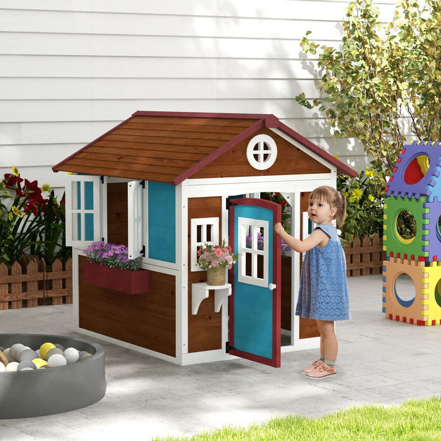 Outsunny Kinderspielhaus aus Tannenholz für den Garten mit Fenster, Blumenregal und Pflanzenkasten, Dunkelbraun und Weiß - Bild 2