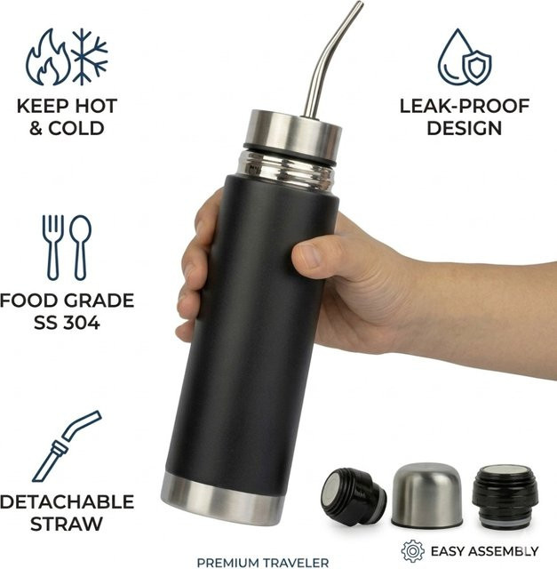 XMSJ 2-in-1 Edelstahl Yerba Mate Thermosbecher mit integriertem Bombilla-Trinkhalm, vakuumisolierte Wasserflasche, Schwarz - Bild 1