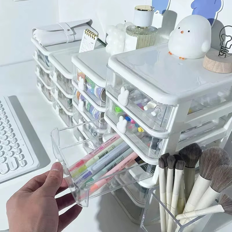 Multifunktionaler Tischorganizer aus Kunststoff mit mehreren Fächern in Weiß und Pink für Schreibtisch, Büro oder Haaraccessoires - Bild 1