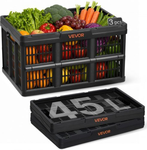 VEVOR Stapelbare Kunststoff Aufbewahrungsboxen, 3er Pack, Schwarz, 45 l, Klappbare Lagerkisten mit Griffen - Bild 1